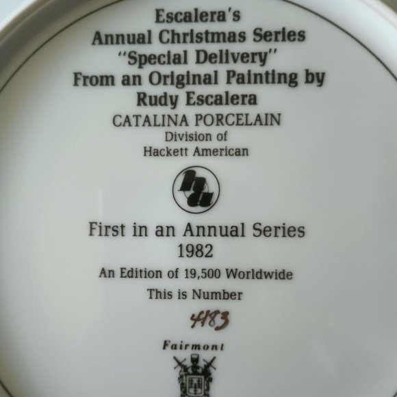 Rudy Escalera "Special Delivery" 1st Christmas Series Porcelain Plate 1982 Boxed - Picture 5 of 8